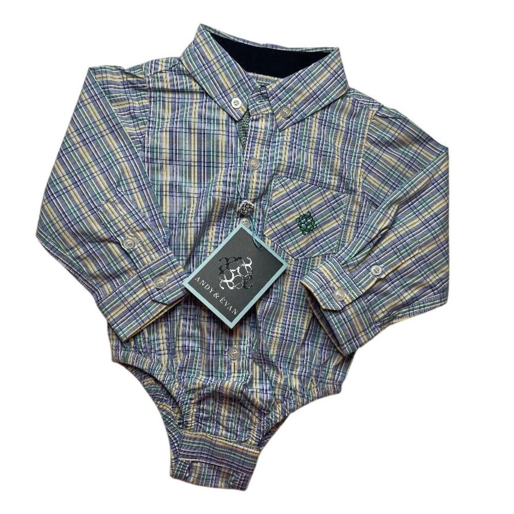 Andy & Evan Baby Boys Plaid Long Sleeve Button Down Bodysuit Romper Shirtzie 3-6